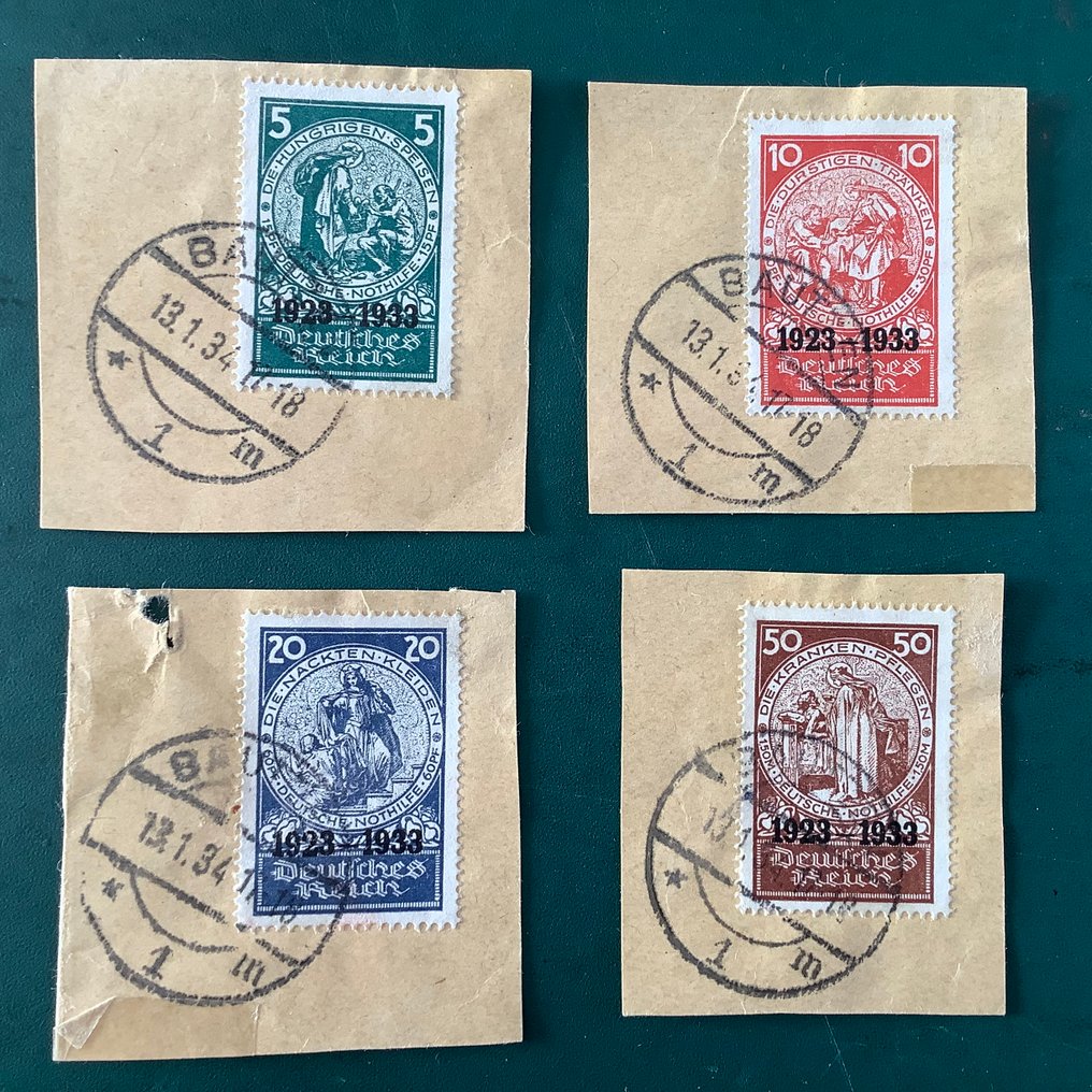 德意志帝国 1933 - Nothilfe块上的邮票碎片，带有Bautzen的印章和最新的Schlegel照片证明 - Michel 508/511 #2.1