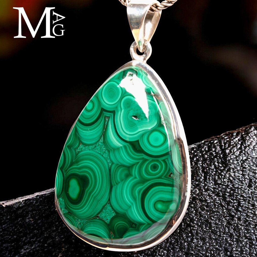 Csúcsminőségű malachit cabochon - Bellissimo Ciondolo in Argento 925 con Malachite Naturale del - Magasság: 48.5 mm - Szélesség: 28.5 mm- 17 g #3.2