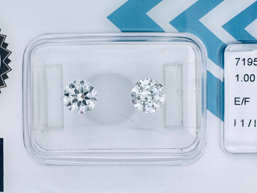 2 pcs 钻石  (天然)  - 1.00 ct - 圆形 - E, F - I1 内含一级 - 国际宝石研究院（IGI） - 令人惊叹的配对 #1.0