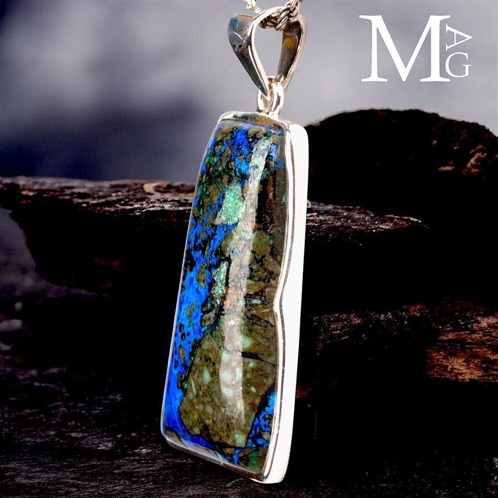 Rare Azzurite Boulder from Siberia - Silver Pendant with Azzurite from the Ural Mountains - Height: 52.5 mm - Width: 24 mm- 14 g #4.3
