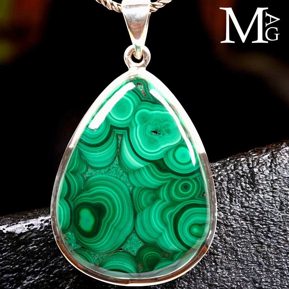 Csúcsminőségű malachit cabochon - Bellissimo Ciondolo in Argento 925 con Malachite Naturale del - Magasság: 48.5 mm - Szélesség: 28.5 mm- 17 g #2.1