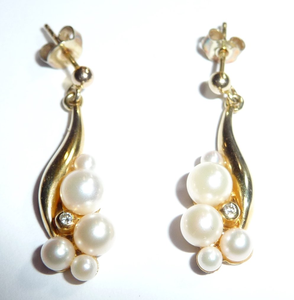 耳环 - 14K包金 黄金 -  0.04ct. tw. 钻石 (天然)  - 珍珠 - Perlen-Cluster #1.0
