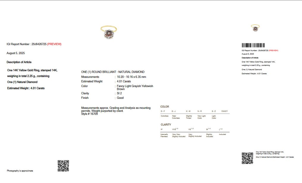 Sormus - 14 kt. Keltakulta -  4.01ct. tw. Timantti (Luonnonvärinen) - IGI #2.1