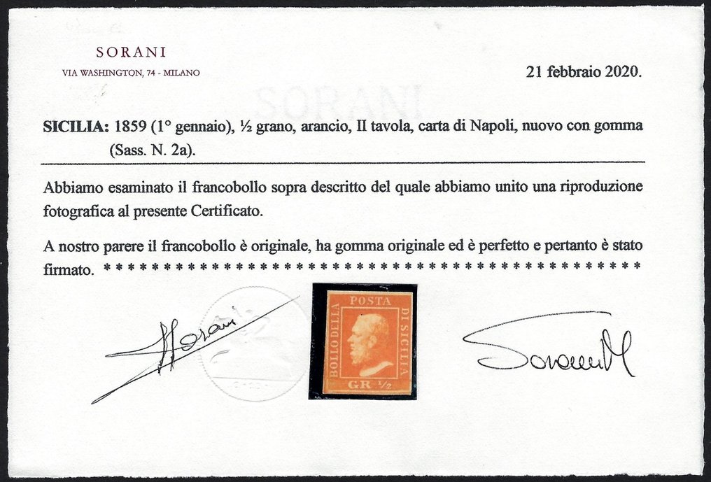 意大利古城邦-西西里 1859 - Ferdinando II 1/2 Gr Orange - N. 2a #2.1