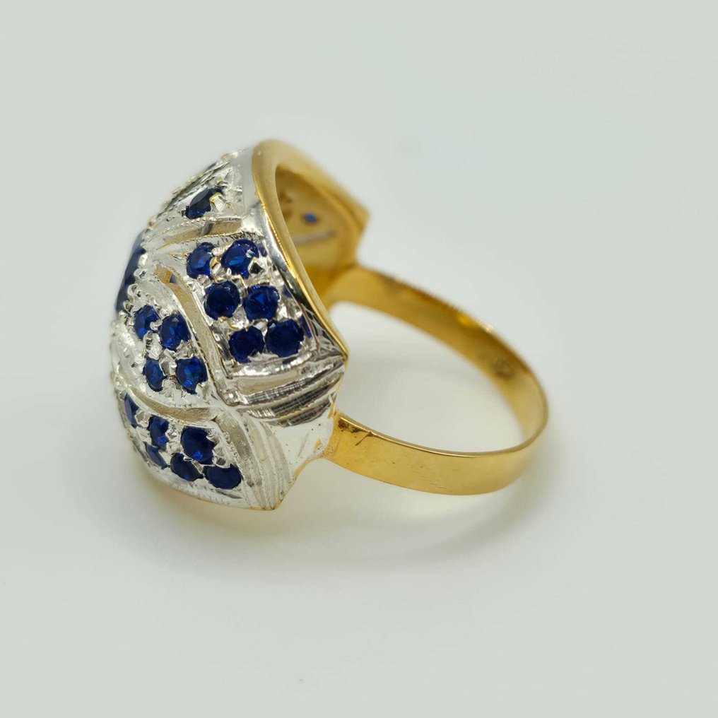 Zonder minimumprijs - Statement ring - 9 kt. Geel goud, Zilver Saffier - Saffier #3.2