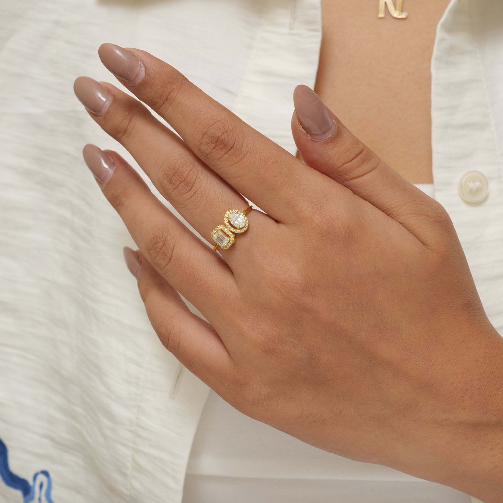 Βέρα - 14 καράτια Κίτρινο χρυσό -  0.88ct. tw. Διαμάντι (Φυσικό) - Διαμάντι - Οβάλ & Σμαραγδένιο δαχτυλίδι με αχάτη #4.3