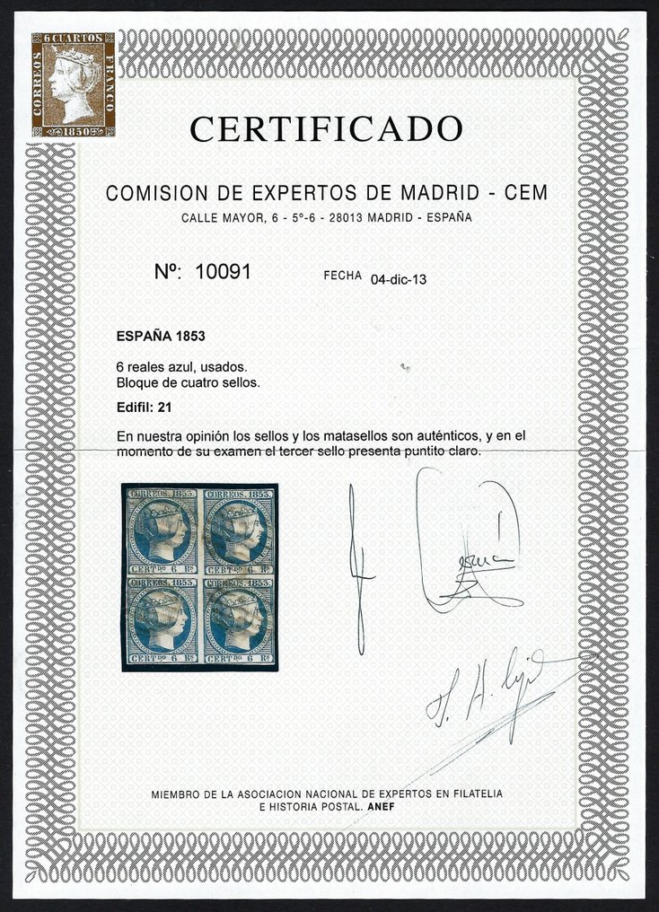 Ισπανία 1853 - Ισαμπέλ ΙΙ  6r Azul μπλοκ - Πιστοποιητικό CEM - Edifil Nº 21 #1.0
