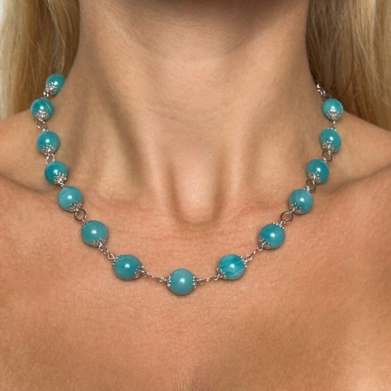 天然天青石球形项链，花形托盘，平环链 镀白金925‰银挂钩扣，ø 10/10.5 毫米，长度45厘米- 30 g - (1) #1.0