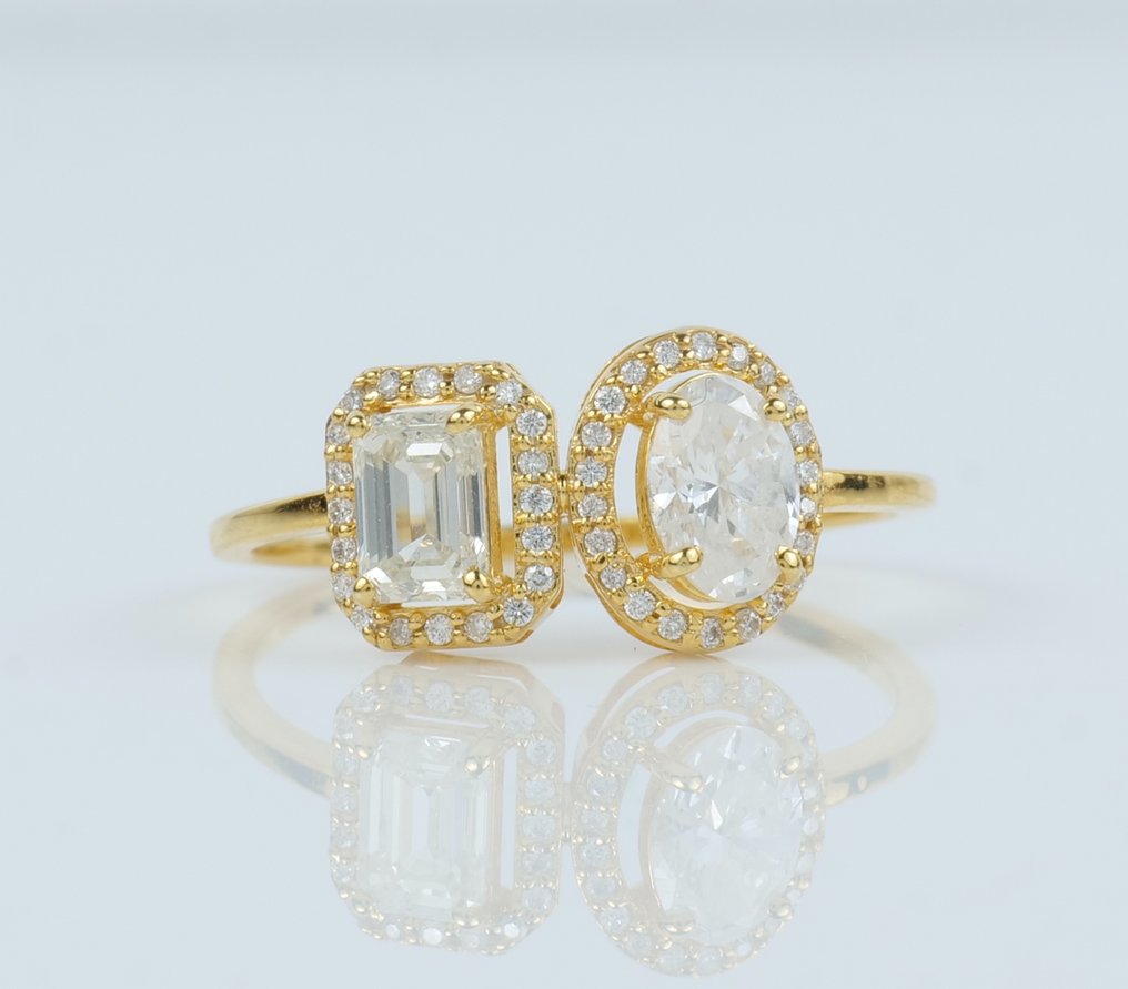 Βέρα - 14 καράτια Κίτρινο χρυσό -  0.88ct. tw. Διαμάντι (Φυσικό) - Διαμάντι - Οβάλ & Σμαραγδένιο δαχτυλίδι με αχάτη #1.0