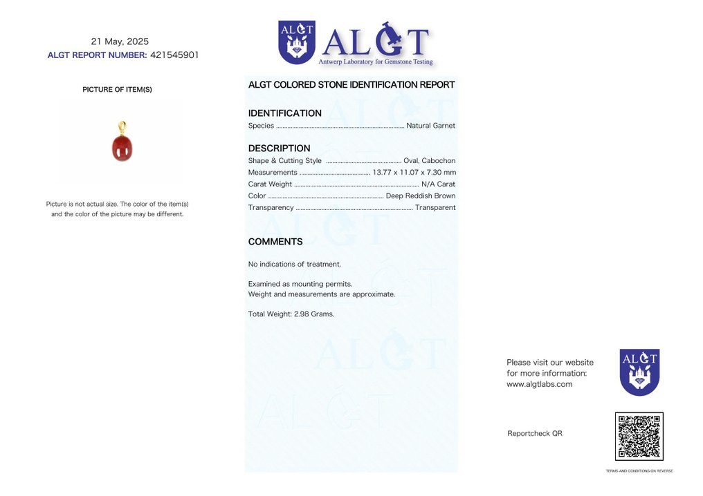 Χωρίς ελάχιστη προσφορά - Πιστοποιημένο από ALGT - Μενταγιόν με φυσικό γαρνάτη. Ένα έντονο χρώμα που αποτυπώνεται σε κρυστάλλινη καθαρότητα- 2.98 g #2.1