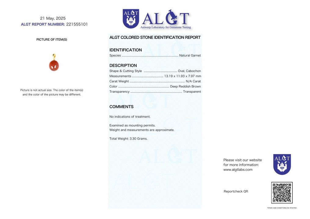 Χωρίς ελάχιστη προσφορά - Πιστοποιημένο από ALGT - Μενταγιόν με φυσικό γαρνάτη. Ζωηρά χρωματισμένο, με διαύγεια που πιάνει το φως- 3.3 g #2.1