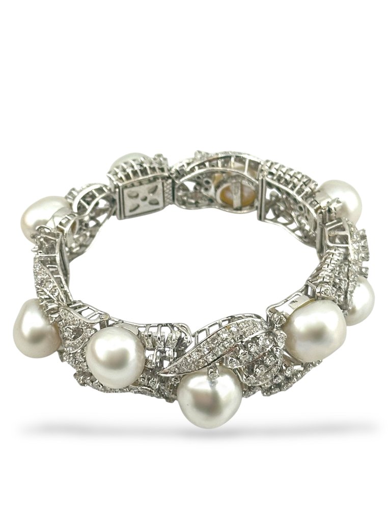 Βραχιόλι - 18 καράτια Λευκός χρυσός, Βραχιόλι από 18K λευκόχρυσο με διαμάντια 4.7ct. και μεγάλα μαργαριτάρια. -  4.70ct. tw. Διαμάντι (Φυσικό)  #1.0
