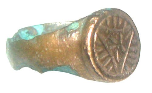 Medieval, Crusaders Era Bronze ring with a beautifully decorated bezel featuring strange signs—17 mm—11th/13th centuries AD. Ring (No reserve price) #1.0