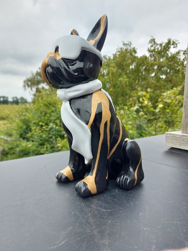 Statue, garden statue dog color black with gold paint color - 28 cm - polyresin #1.0