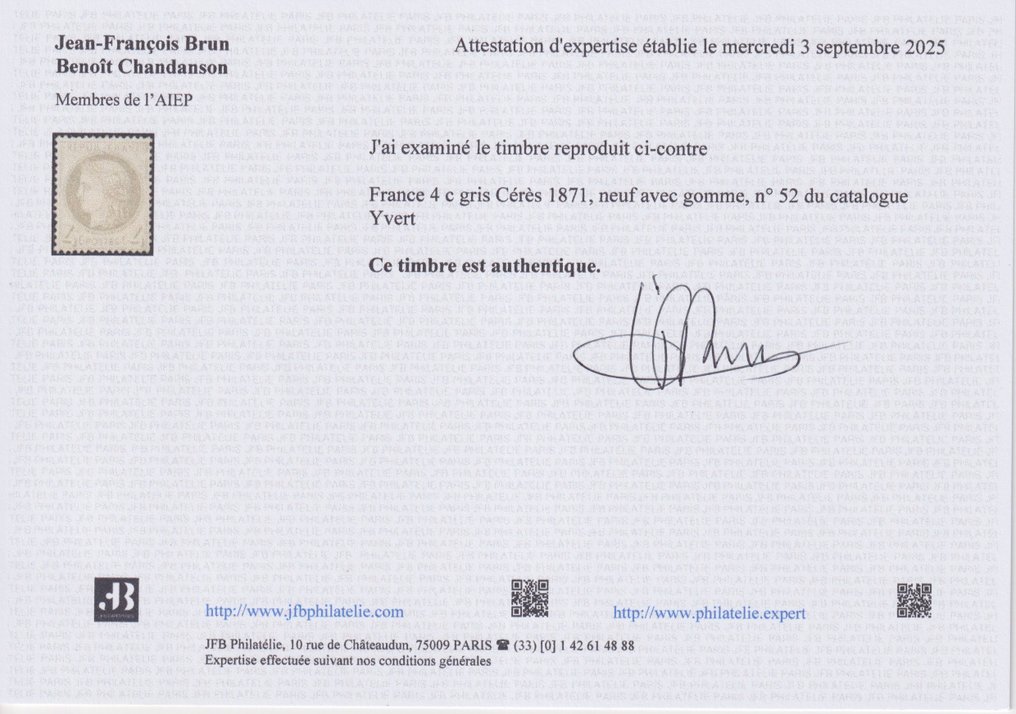 Frankreich 1871 - Cérès 3e Rép. Nr. 52, neuf* TBC, signiert JF. Brun und zertifiziert von JFB Philatélie - Yvert #2.1