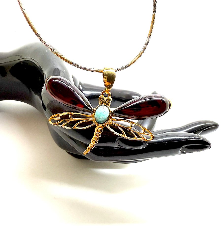 Pendiente de libélula, ámbar báltico natural, turquesa en plata de ley. - Ámbar - Succinite / fossilized pine tree resin #1.0