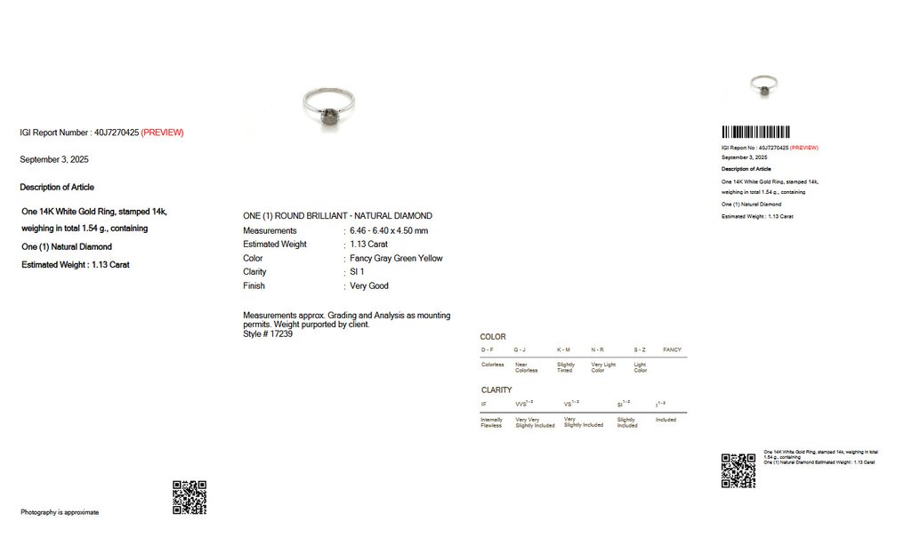 Δαχτυλίδι - 14 καράτια Λευκός χρυσός -  1.13ct. tw. Διαμάντι (Φυσικού χρώματος) - IGI #2.1