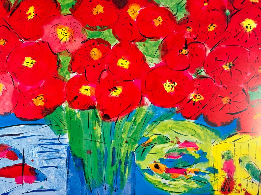 Walasse Ting - Fiori rossi con pesci e pappagalli #1.0