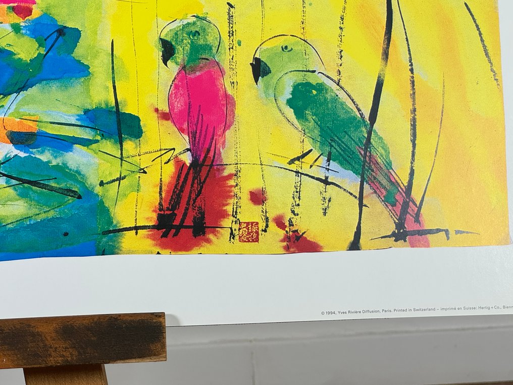 Walasse Ting - Fiori rossi con pesci e pappagalli #2.1