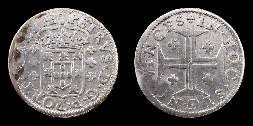 Portugalia. D. Pedro Príncipe Regente (1667-1683). Tostão (100 Reis) - Coroa de Príncipe - PORTVGALIÆ - Escassa #2.1