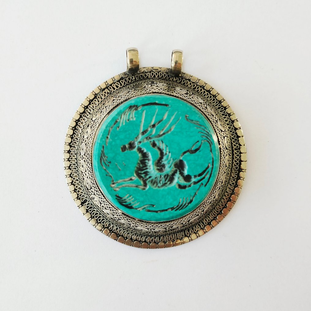 中亚 银与天青石 重要的Ibex Intaglio护符吊坠珠 - 69 mm #1.0