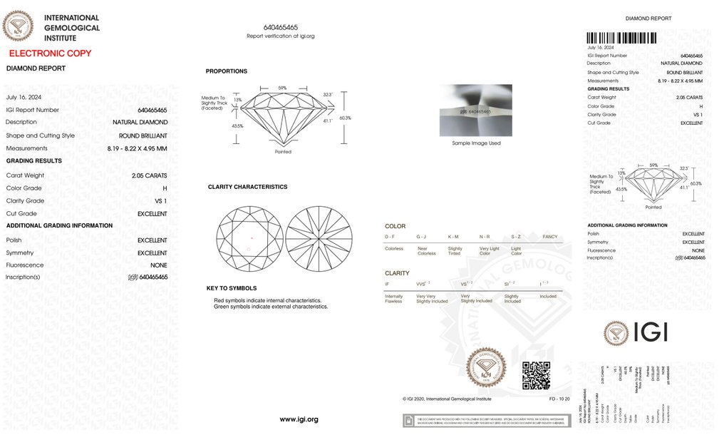 1 pcs Diamant  (Natürlich)  - 2.05 ct - Rund - H - VS1 - International Gemological Institute (IGI) - *3EX None* #2.1