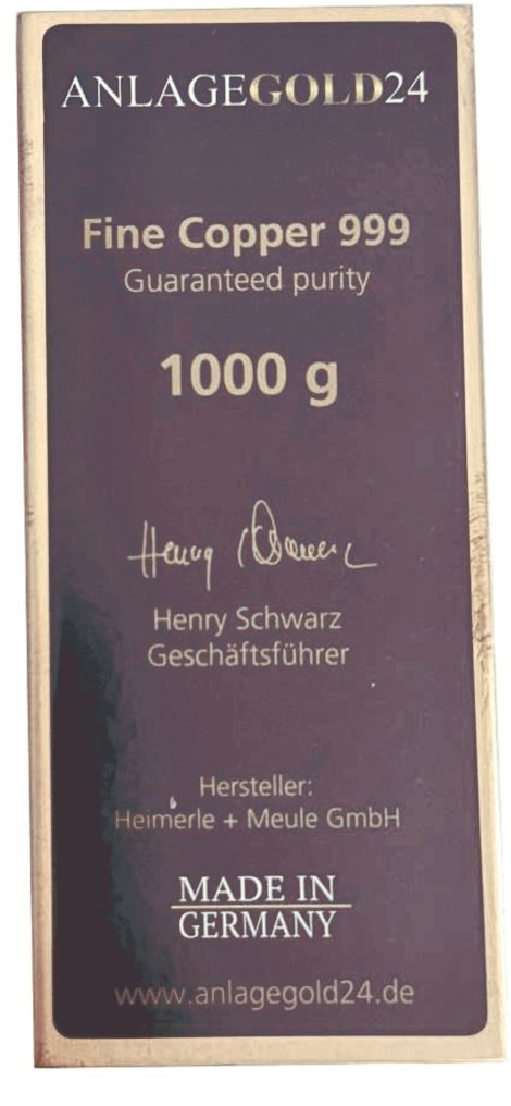 1 quilograma de cobre - .999 - Heimerle & Meule - Alemanha Variante "Anlagegold24". (Sem preço de reserva) #2.1