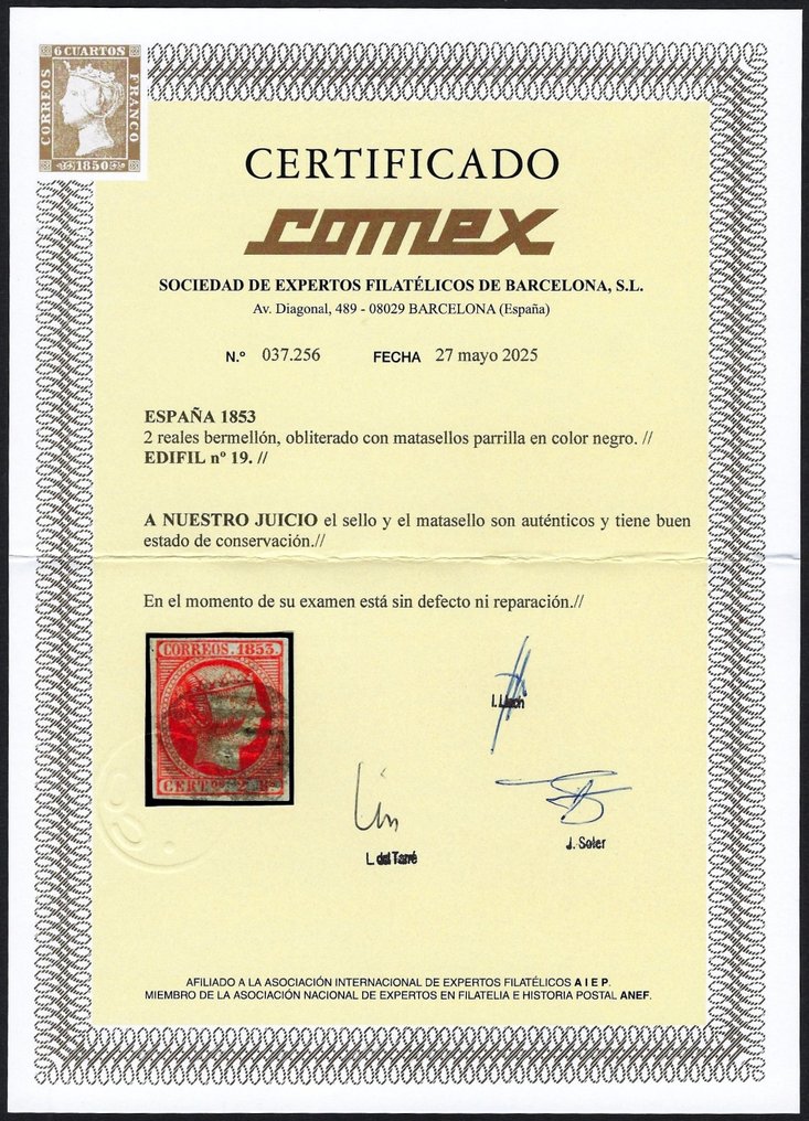 Ισπανία 1853 - Ισαβέλλα II 2r Βερμελλόν - με πιστοποιητικό COMEX. - Edifil Nº 19 #2.1