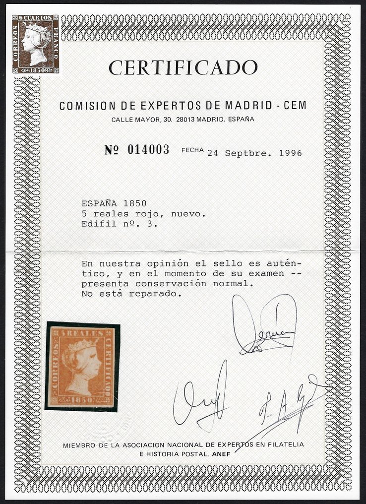 Ισπανία 1850 - Ισαμπέλ ΙΙ 5r Κόκκινο - με πιστοποιητικό CEM. - Edifil Nº 3 #2.1