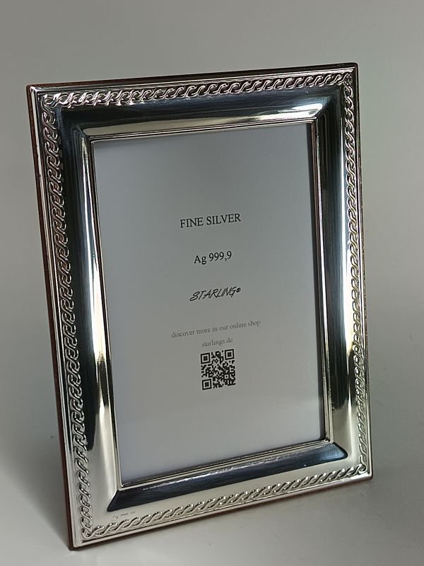 Picture frame - Photograph frame Ag 999 fine silver - plain polished and double bow ribbon - real wooden back. #1.0