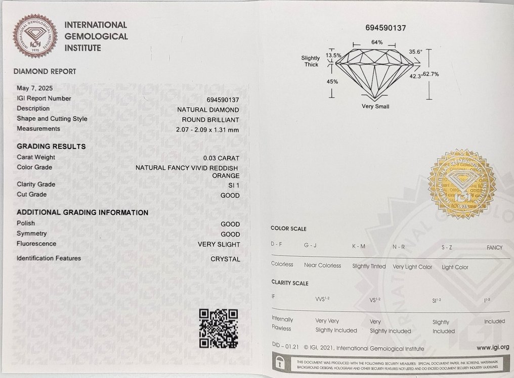 没有保留价 - 1 pcs 钻石  (天然色彩的)  - 0.03 ct - 圆形 - Fancy vivid 稍帶红色的 橙色 - SI1 微内含一级 - 国际宝石研究院（IGI） #3.2