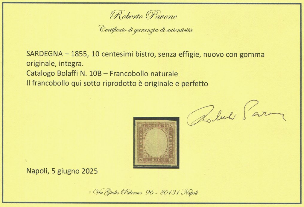 Italian Ancient States - Sardinia 1855 - 4th issue - 10 c. bistro without effigy. Natural stamp. - Bolaffi 11B #2.1