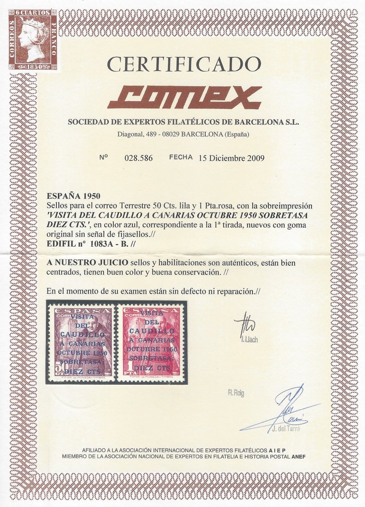 Ισπανία 1950 - Canarias Ταχυδρομείο 1η έκδοση με πιστοποιητικό Comex. - Edifil 1083A/B #2.1