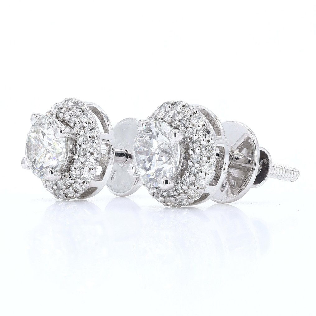Nappikorvakorut - 14 kt. Valkokulta -  1.05ct. tw. Timantti (Luonnollinen) - Timantti - Round Bridal Halo Studs #2.1