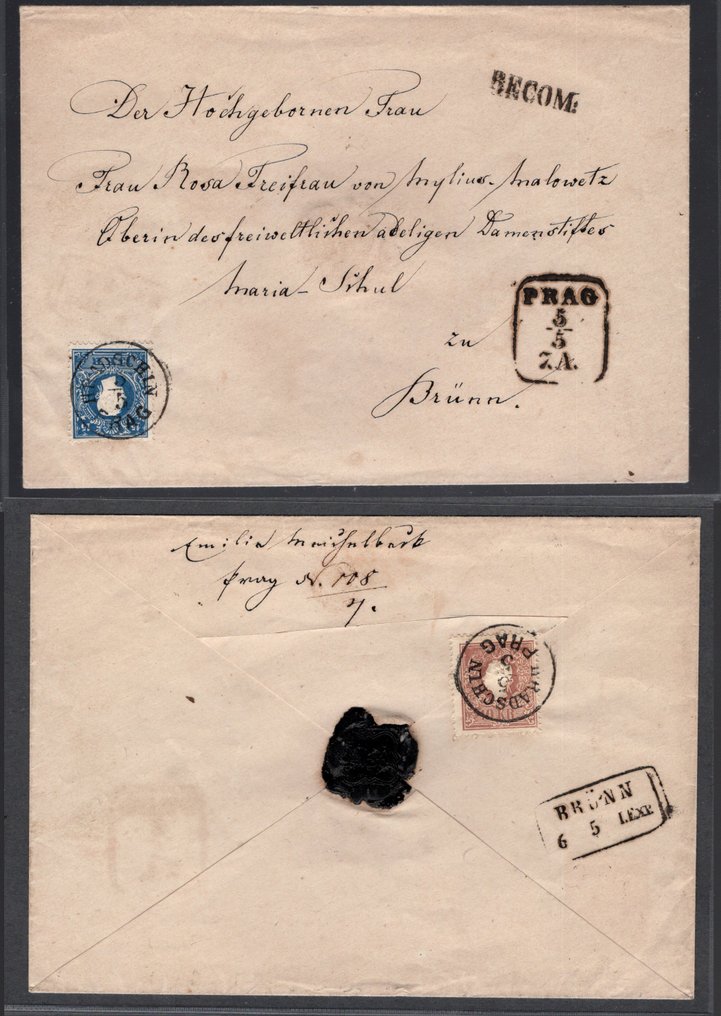 奧地利  - 奥地利 1858年，Hradschin布拉格，完好无损的Rekobrief寄往布尔诺，15 II + 14 II，特别值得注意。 #1.0