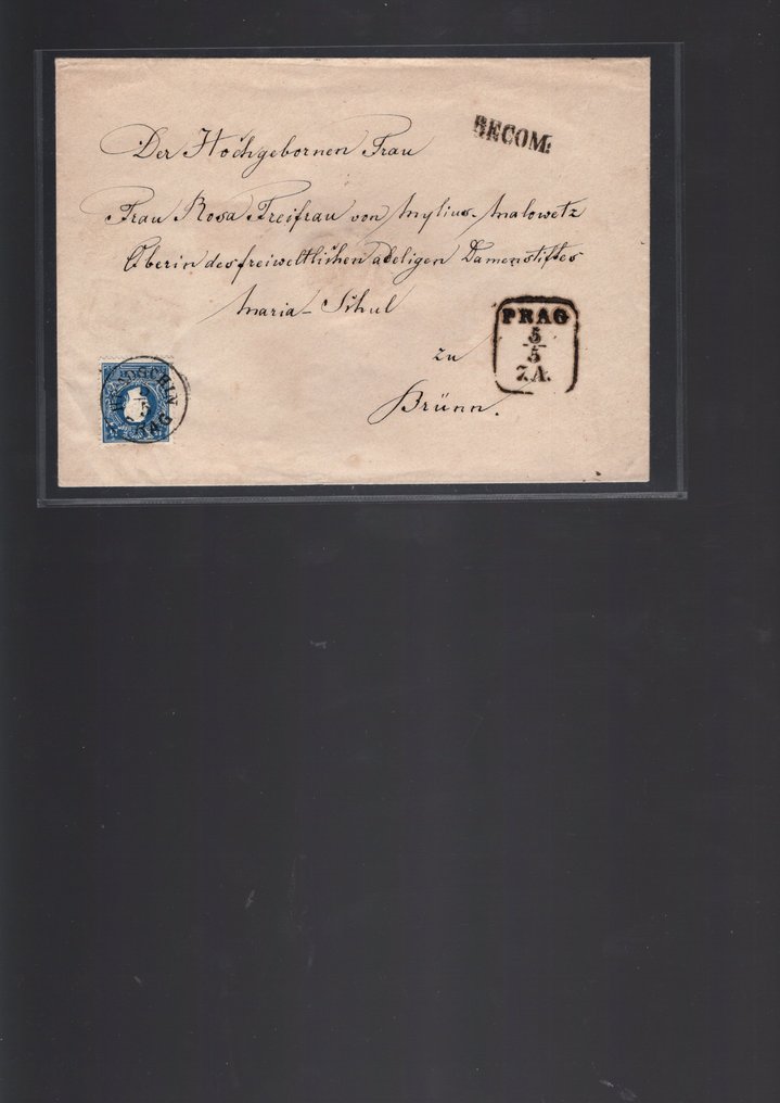 奧地利  - 奥地利 1858年，Hradschin布拉格，完好无损的Rekobrief寄往布尔诺，15 II + 14 II，特别值得注意。 #1.0