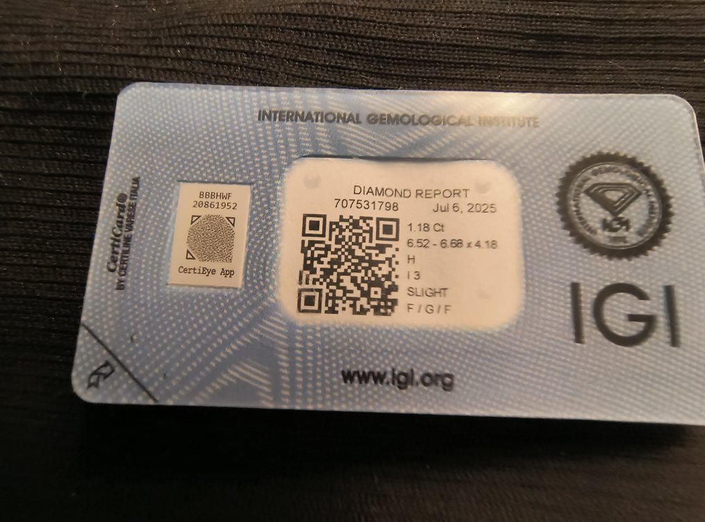 1 pcs Diamond  (Natural)  - 1.18 ct - Round - H - I3 - International Gemological Institute (IGI) #1.0