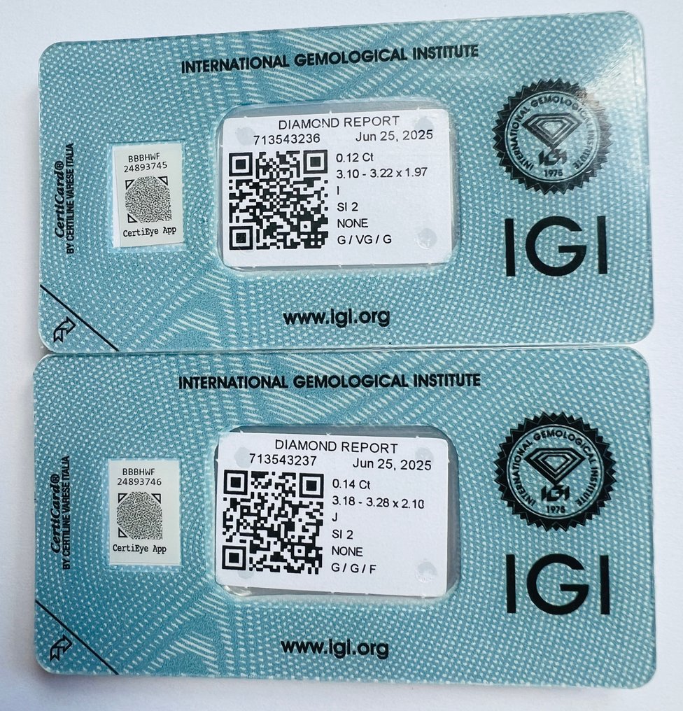 没有保留价 - 2 pcs 钻石  (天然)  - 0.26 ct - 圆形 - I, J - SI2 微内含二级 - 国际宝石研究院（IGI） - 一对 #1.0
