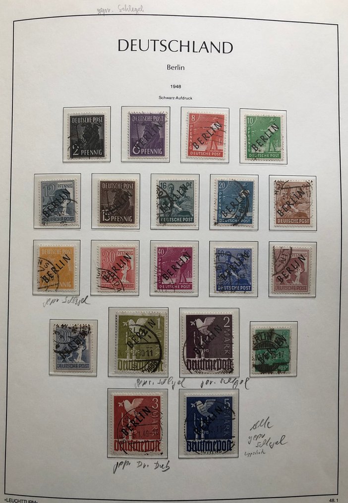 柏林 1949/1990 - 完整盖章收藏，包括所有较好的，如黑/红印刷最高值和块1。 - geprüft Schlegel BPP, im Leuchtturm Klemmbinder #1.0