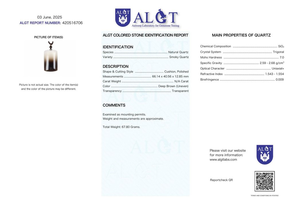 Πιστοποιημένο από ALGT - Μεγάλο και δεξιοτεχνικό κρεμαστό φυσικό χαλαζία με καπνιστό χρώμα. Ένα βαθύ χρώμα ενισχυμένο από εξαιρετική διαύγεια.- 67.8 g #2.1