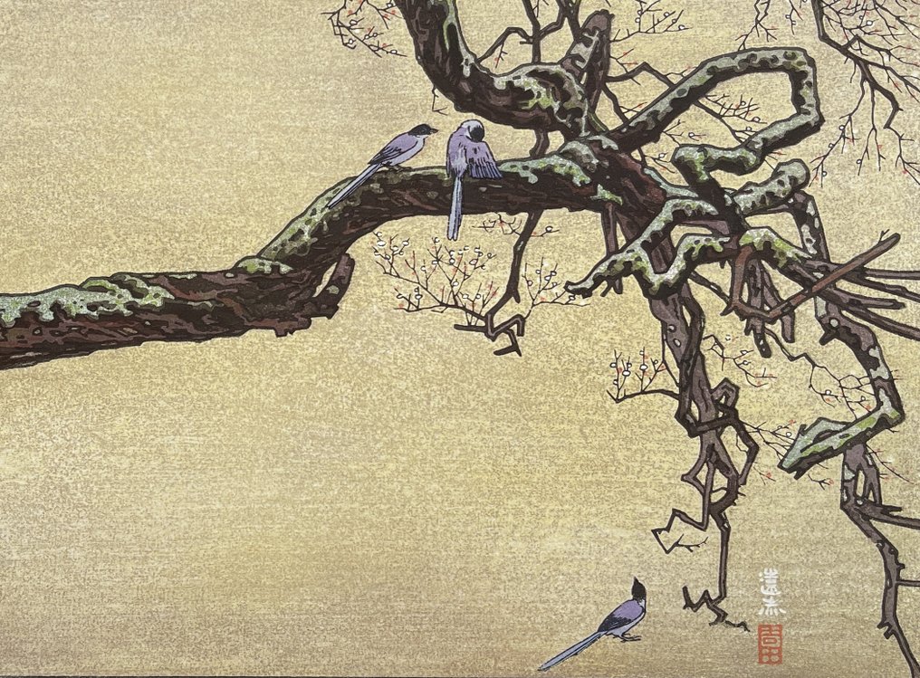 "Jyuzu kake no Ume" (Plum Tree & Blue Magpie) - Toshi Yoshida (1911-1995) - Japan  (Ingen mindstepris) #4.3