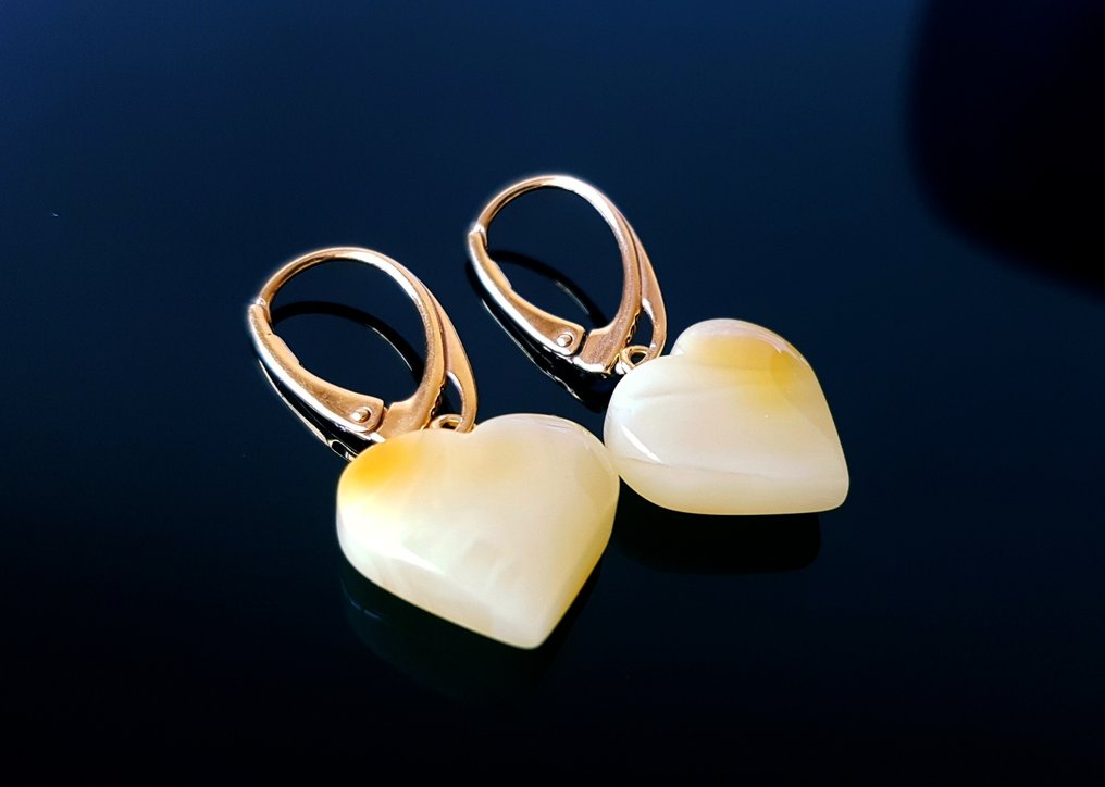 Orecchini a forma di cuore in ambra baltica naturale e butterscotch - Argento - Ambra  (Senza prezzo di riserva) #1.0