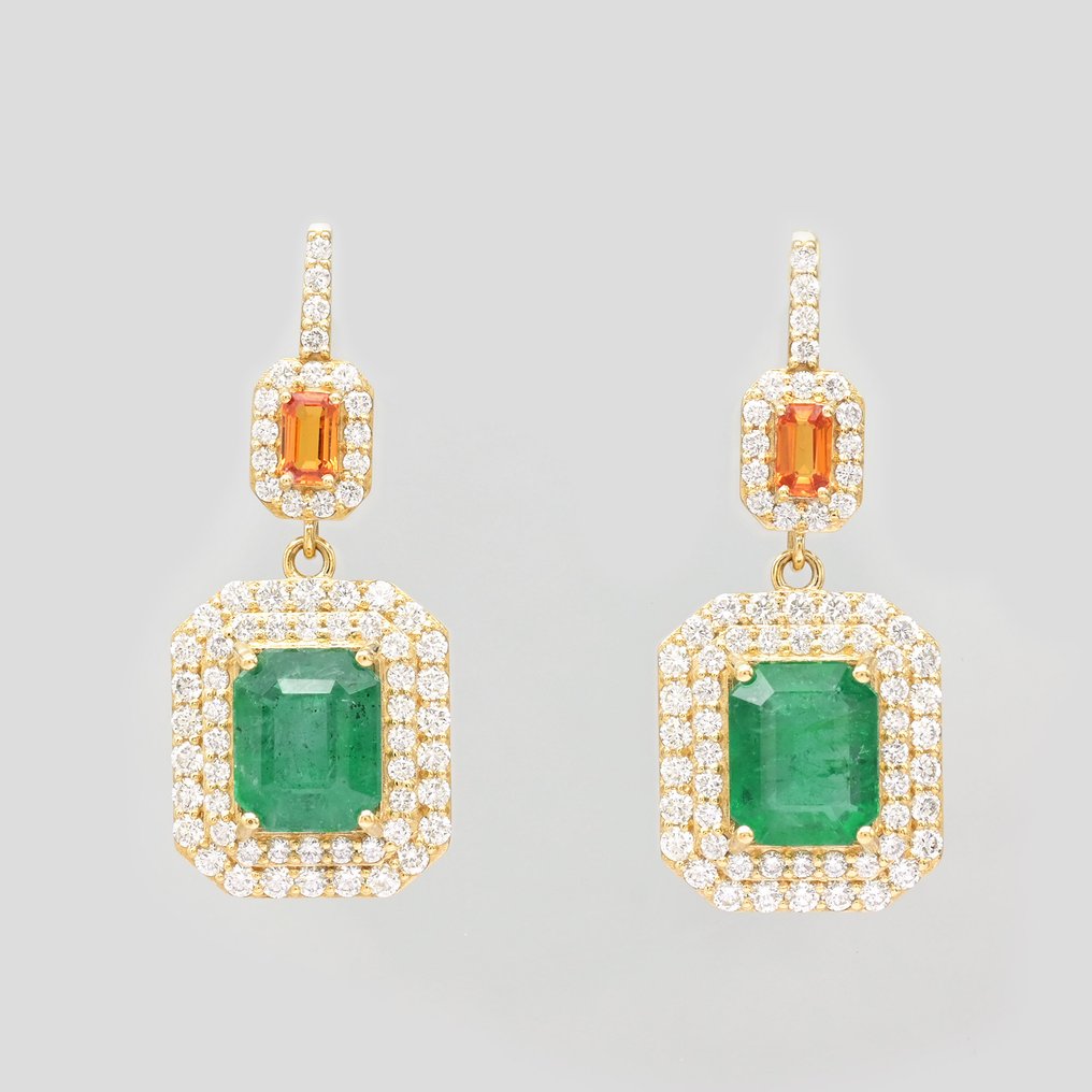 Øreringe - 14 karat Gulguld -  9.20ct. tw. Smaragd - Diamant #1.0