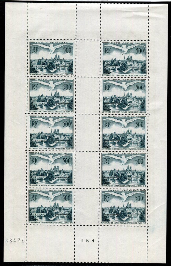 法國 1947 - 空中邮政 - 精彩且罕见的全套全新第20号，无底价 #1.0