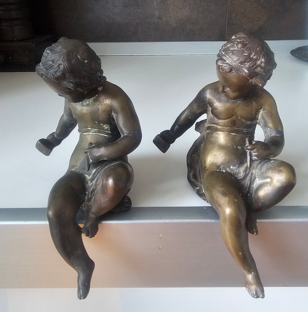 Sculpture, 2 puttini - 15.5 cm - Patinated bronze #1.0