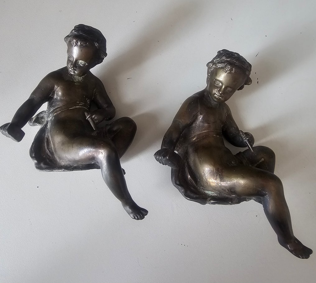 Sculpture, 2 puttini - 15.5 cm - Patinated bronze #3.2