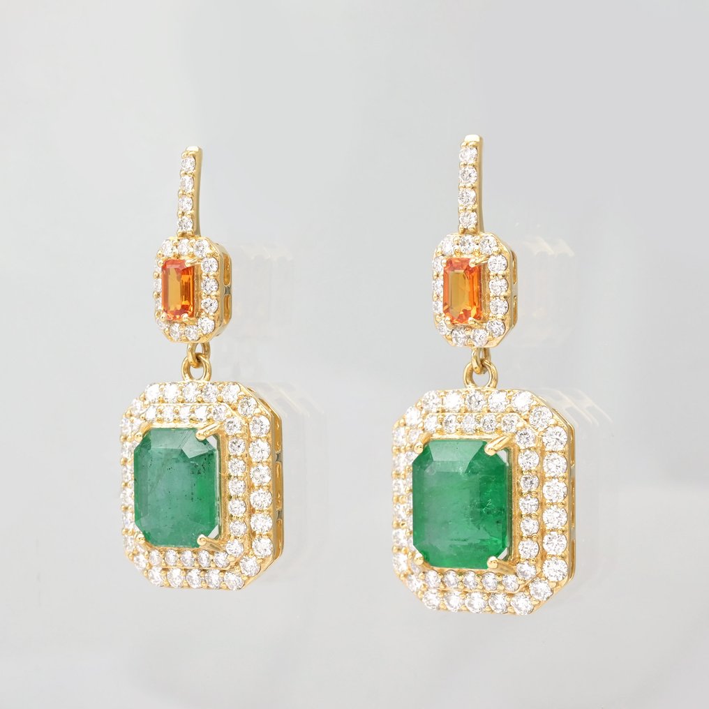 Øreringe - 14 karat Gulguld -  9.20ct. tw. Smaragd - Diamant #2.1