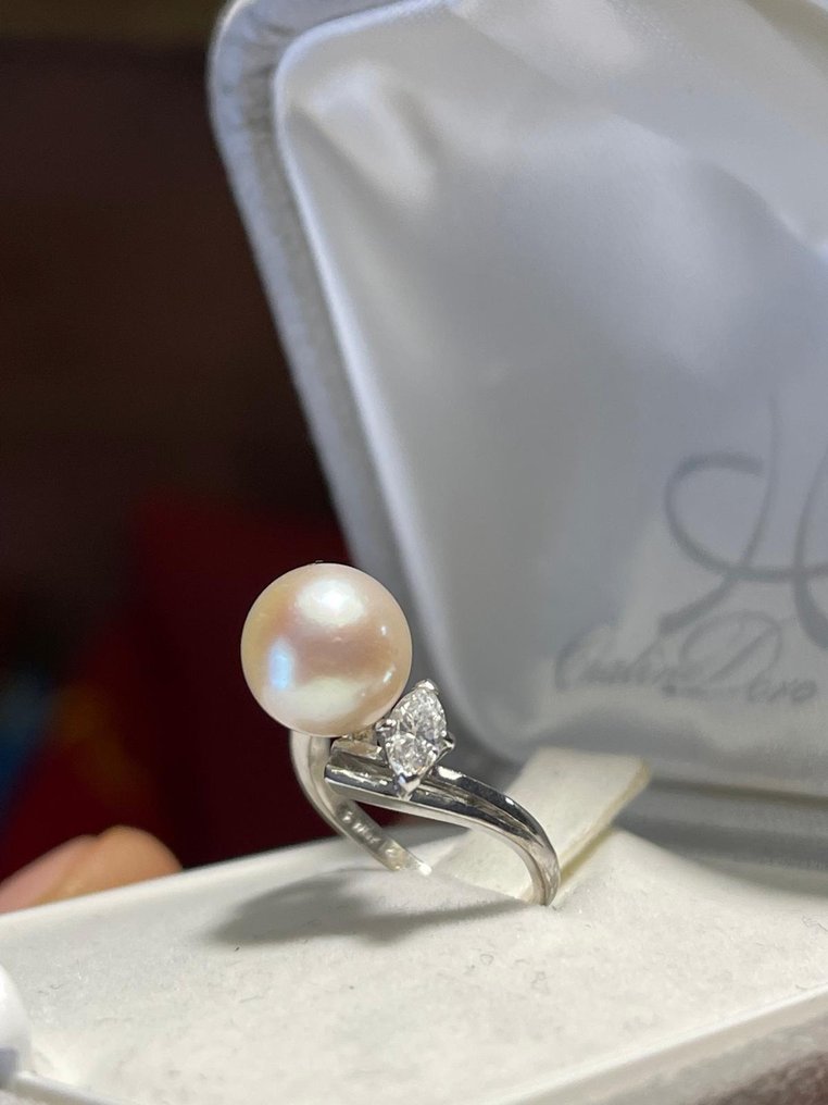 Mikimoto - Δαχτυλίδι αρραβώνων - Princesse - 14 καράτια Λευκός χρυσός -  1.00ct. tw. Μαργαριτάρι - Διαμάντι - Mikimoto Princesse #1.0