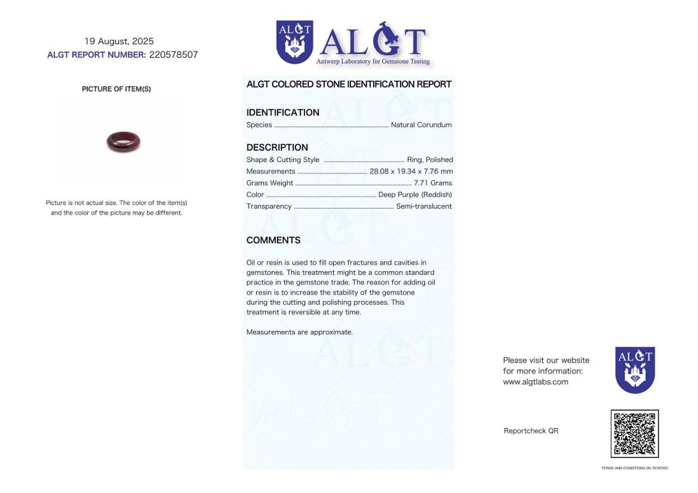 Ei varauksia - ALGT-sertifioitu - suuri ja erittäin eksklusiivinen luonnollinen rubiikkisormus. Voimakas sävy, jonka luonnon ja ajan muovaama.- 7.71 g #2.1