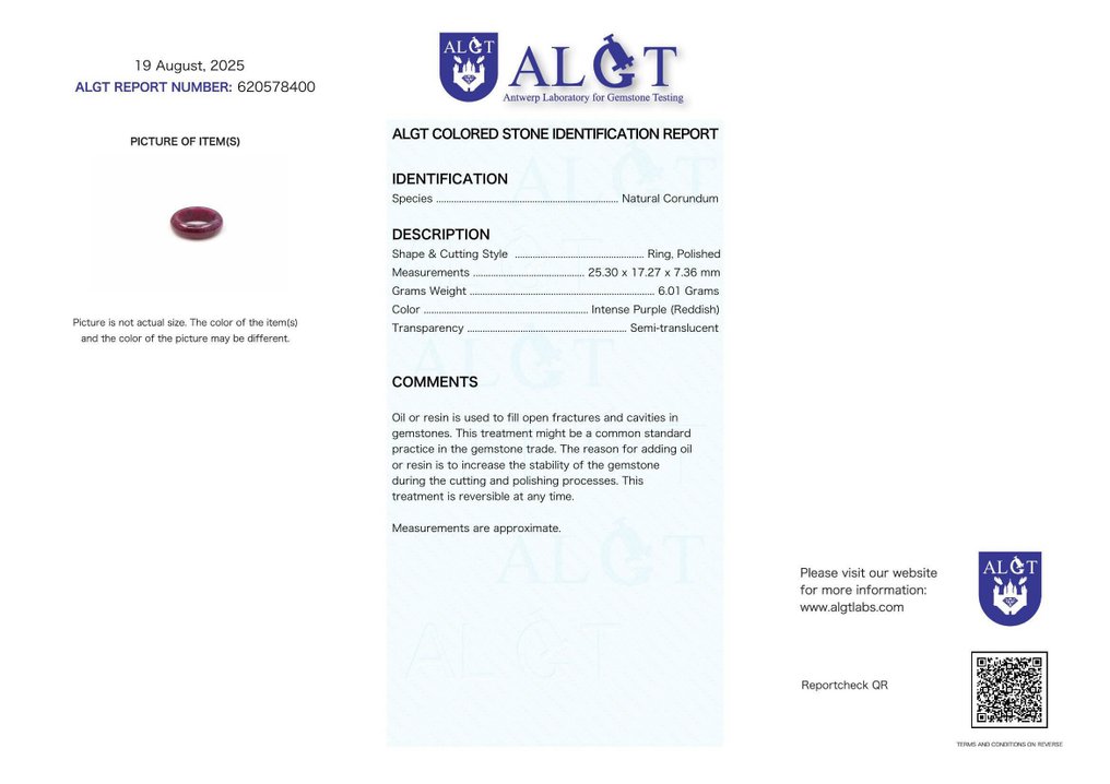 无底价 - ALGT认证 - 巨大且极为独特的天然红宝石戒指 以其鲜艳的色彩而闻名- 6.01 g #2.1